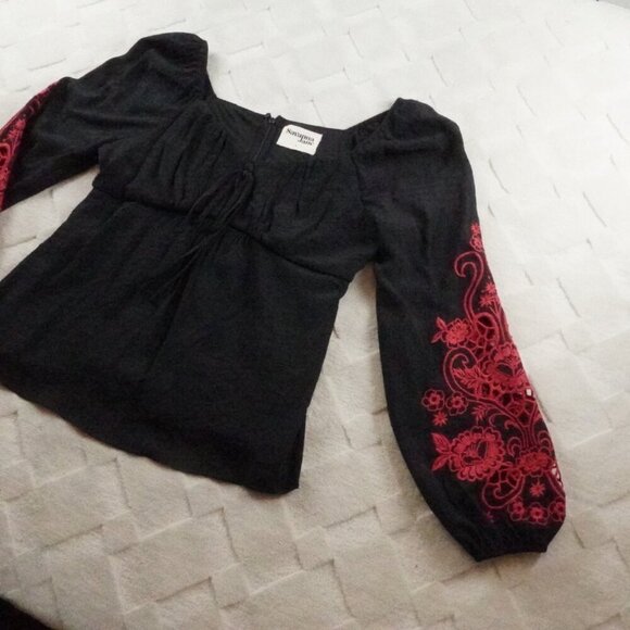 Savanna Jane Embroidered Blouse Womens Large Black Boho - Picture 2 of 10